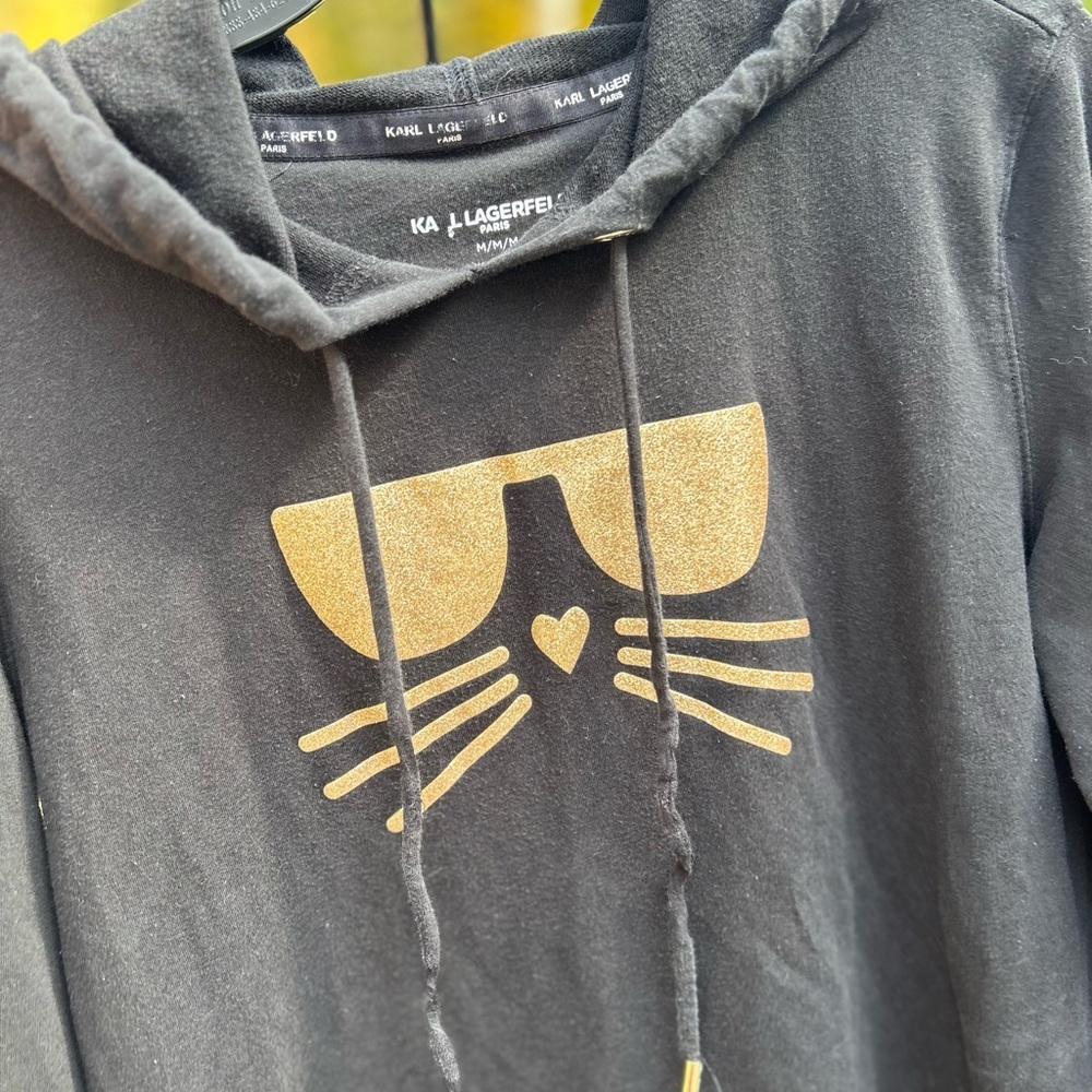 Karl Lagerfeld Paris Choupette Cat Gold Glitter Black Hoodie Sweatshirt Size M - Picture 4 of 16